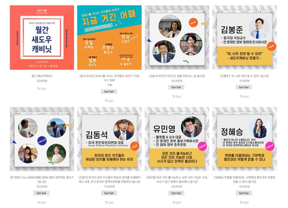 섀도우캐비닛이 최근 기획한 프로그램들. 입법부, 행정부, 사법부 등 공공 영역과 기업, NGO, 언론, 교육, 문화예술, 과학기술 등 민간 영역에서 활동하는 이들이 모여 서로의 관심사와 경험, 네트워크를 공유하며 함께 예비 내각을 구성해보고, 부처별 모임을 통해 이슈가 되는 현안들을 놓고 토론한다.