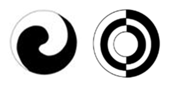 왼쪽부터 박영효의 태극기 회전 순환 대칭, 주염계의 태극도 분할 대립 대칭. (사진: 필자 제공)