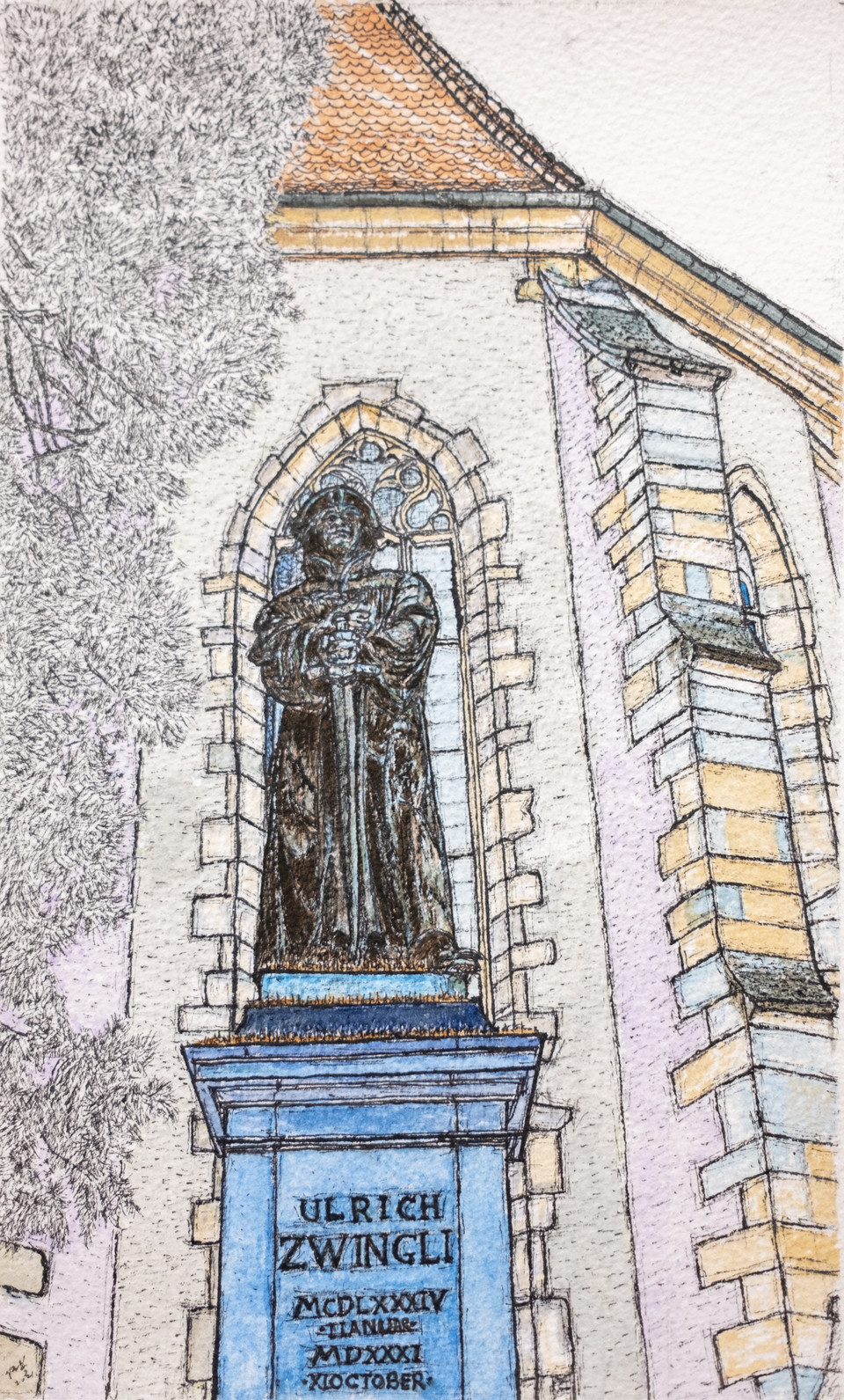 〔그림1〕 츠빙글리 동상은 오른손에 든 성경을 가슴에 대고, 왼손에 쥔 칼로 땅을 짚고 서있다.<br>