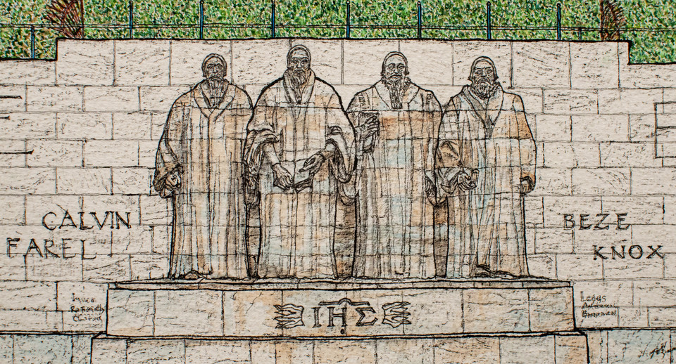 〔그림2〕 제네바 구시가지 성벽 아래쪽 바스티옹 공원 벽면에 세워진 종교개혁 기념 조형물 중 일부이다.