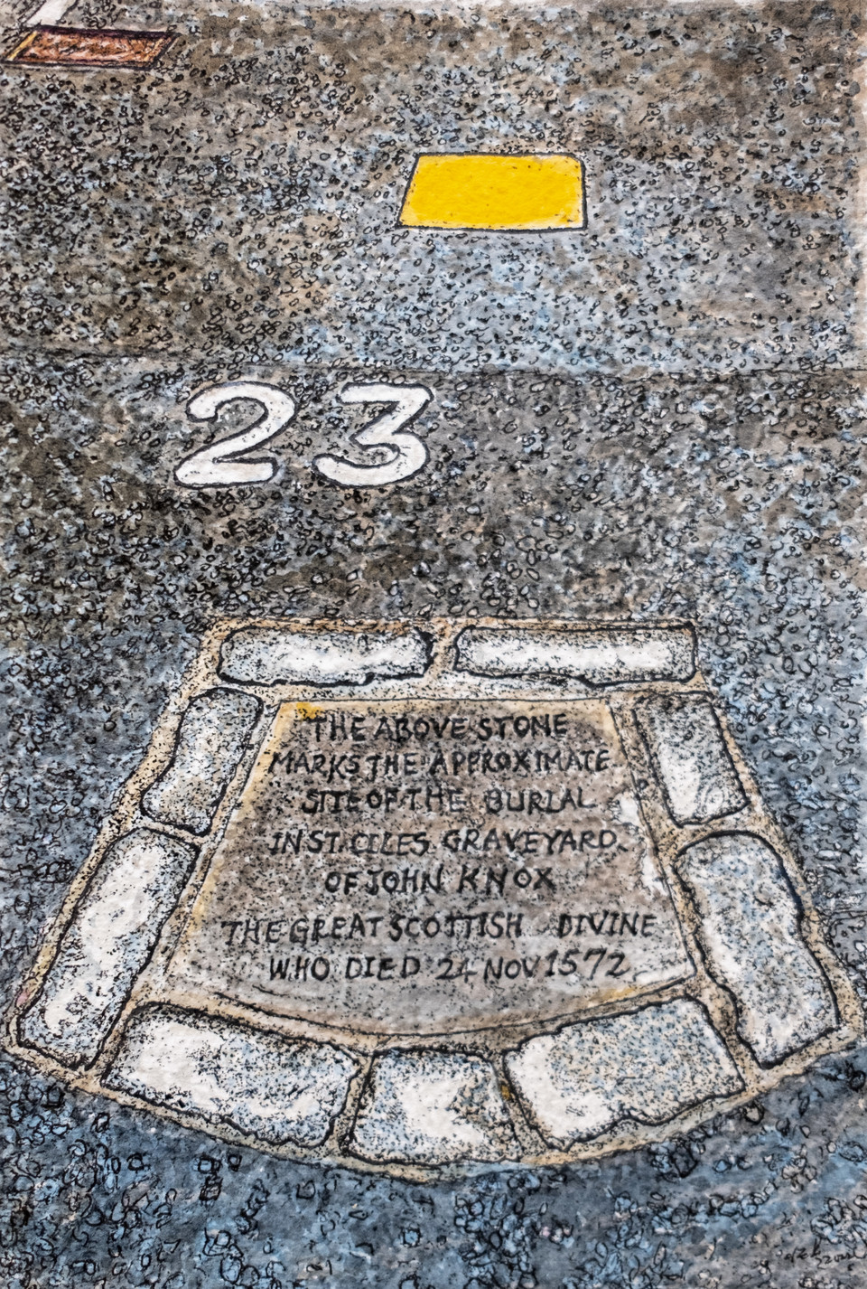 〔그림2〕 노란색으로 표시된 부분이 녹스의 무덤이다. 가끔은 차량이 주차되어 무덤을 볼 수 없을 때도 있다.<br>