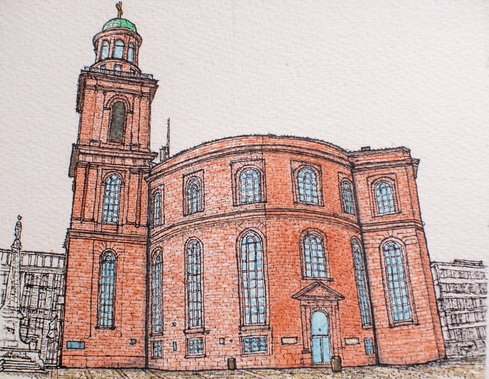 〔그림2〕 프랑크푸르트 뢰머 광장 입구에 있는 빨간 벽돌의 바울 교회(Paulskrche) 외벽에는 슈페너를 기념하는 명패가 붙어있다.