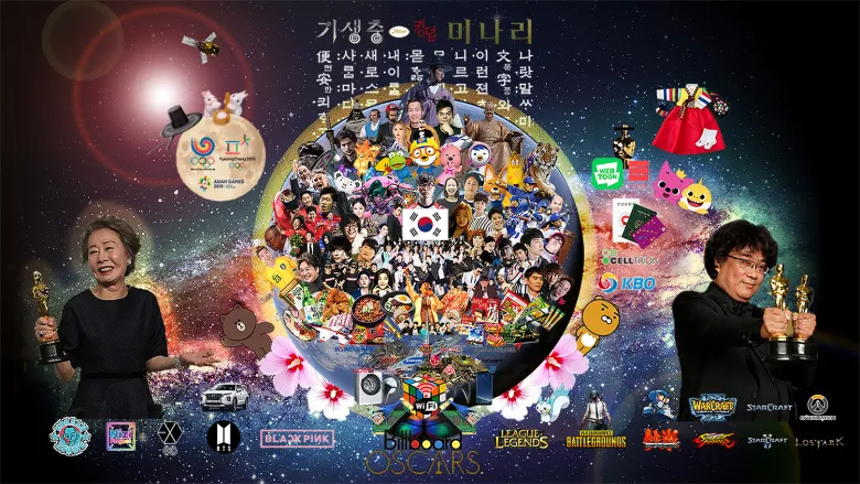 온라인 커뮤니티에서 공유되는 ‘국뽕’ 관련 이미지. 해외에서 많이 알려지거나 좋은 성적을 거둔 우리나라 인물, 기업, 콘텐츠 이미지가 합성됐다. <br>